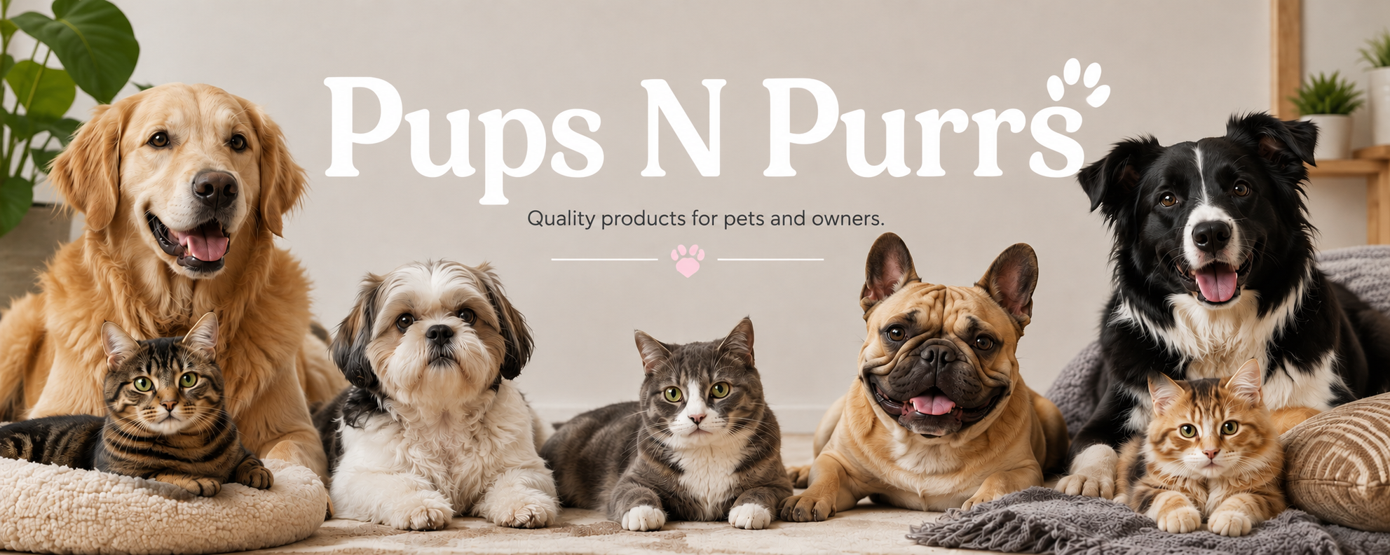 A group of dogs and cats sitting together in front of a beige wall with the text 'Pups N Purrs' and the tagline 'Quality products for pets and owners.'.